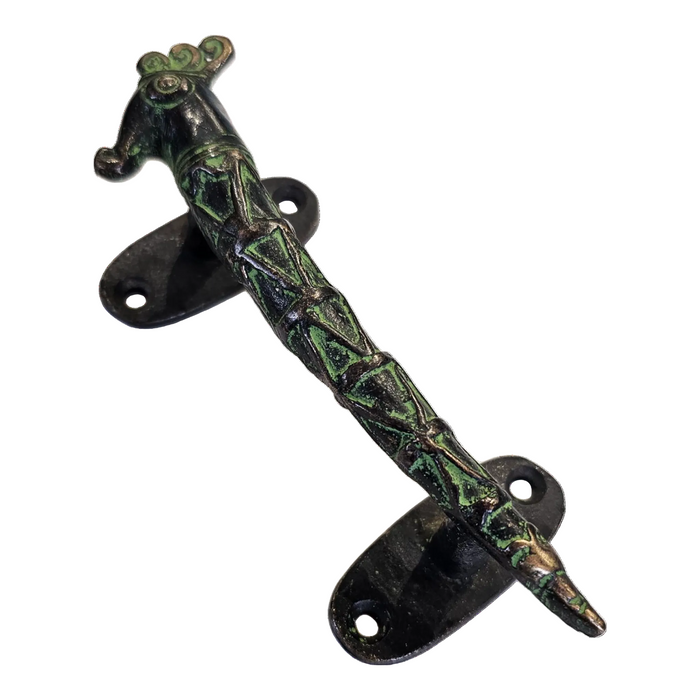 Sea Horse Design Green Patina Brass Handle on a whte background