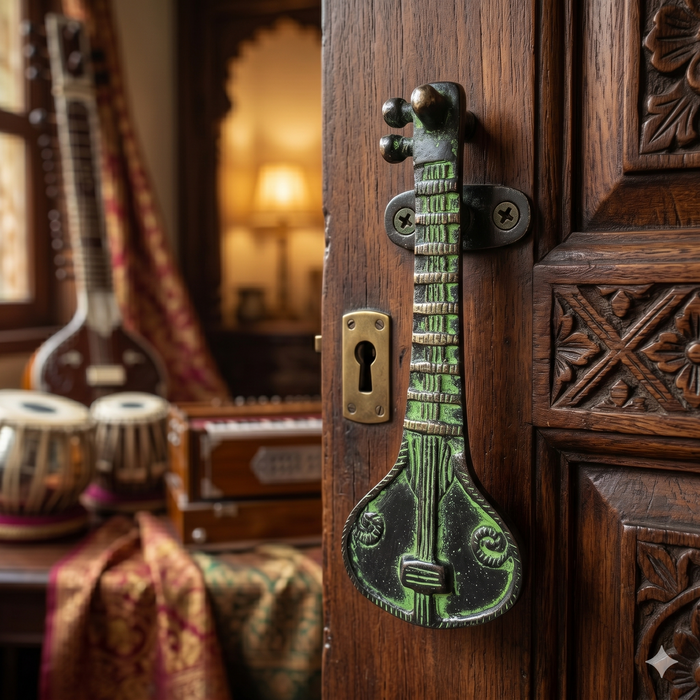 Decorative wooden cabinet with intricate carvings and a green lute-shaped handle.