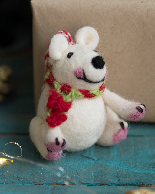 A white Felt Polar Bear wearing a Knitted Scarf Christmas Decoration