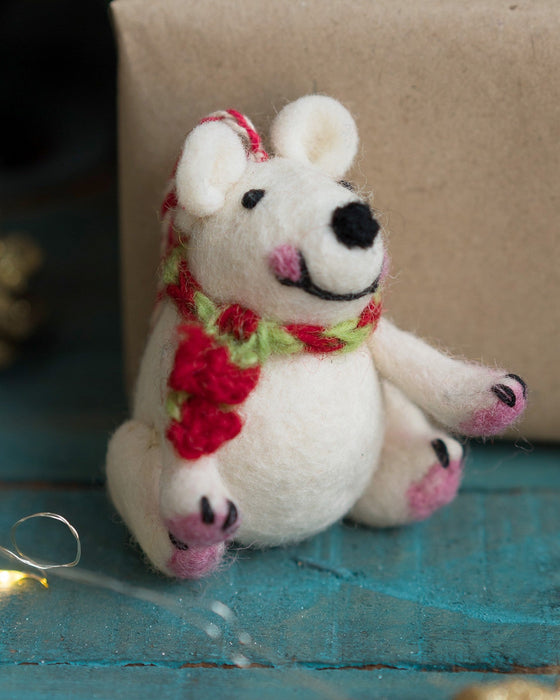 A white Felt Polar Bear wearing a Knitted Scarf Christmas Decoration