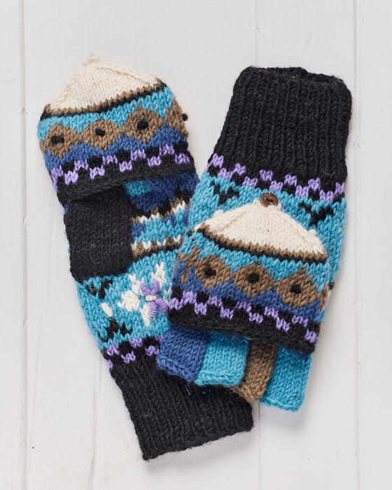 A pair of hand knitted Snowflake Hunter Gloves