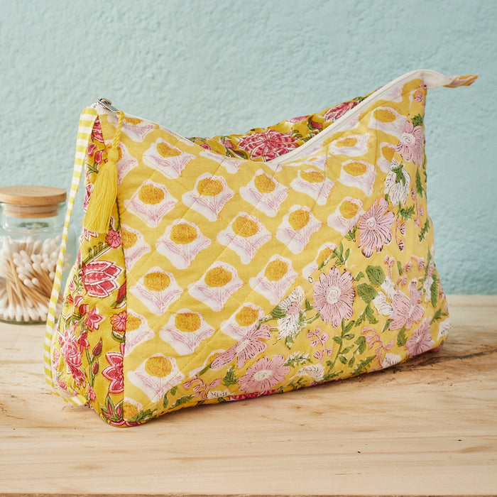 Yellow Patchwork Blockprint Large Wash Bag