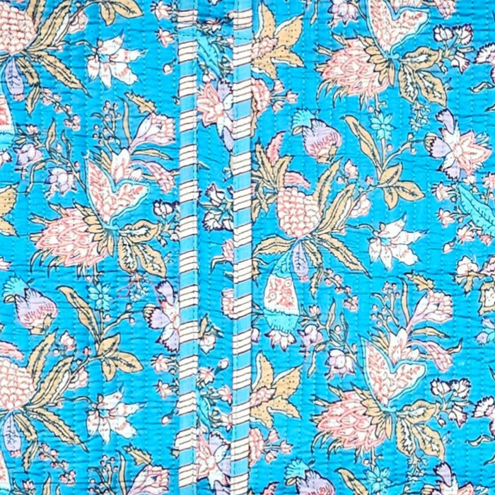 close up etail of a floral pattern on a blue cotton quilted tote bag