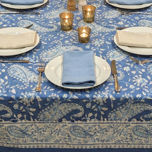 Hand Block Printed Cotton Tablecloth | Blue Paisley | 6-Seater