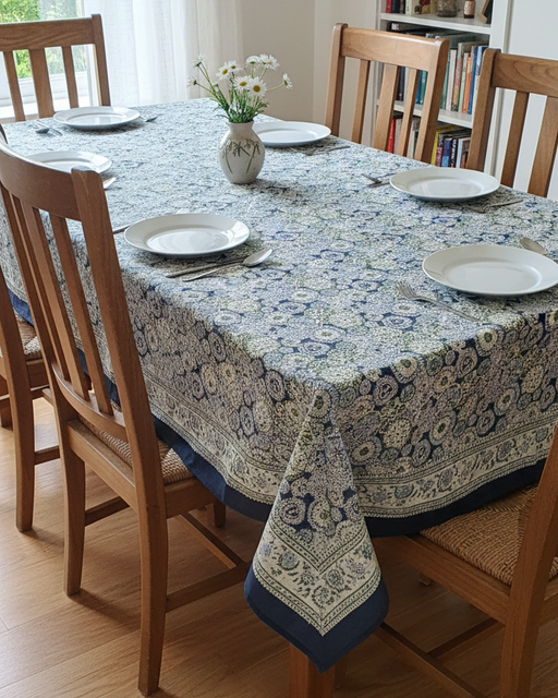 Arctic Mandala Hand Block Print Tablecloth | 6-Seater 60x90 inch