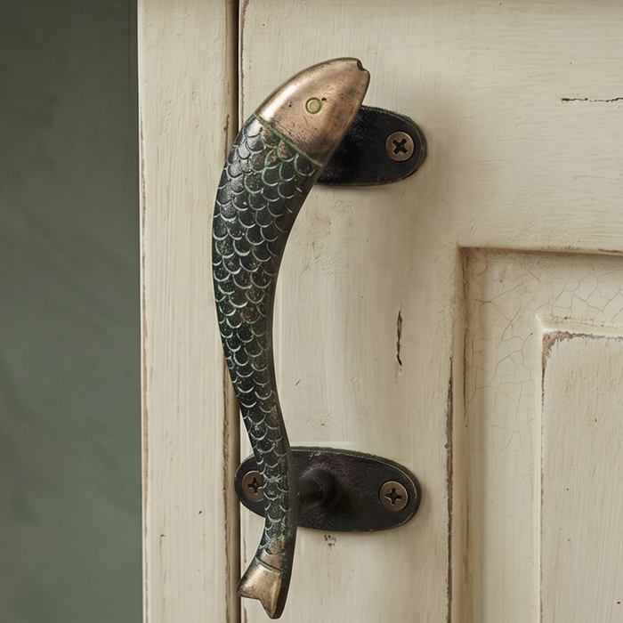 Decorative fish-shaped brass door handle with a green patina on a wooden door