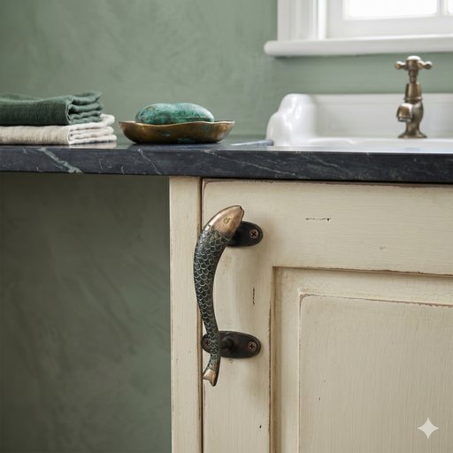 Cabinet with decorative fish design  handle in a bathroom setting