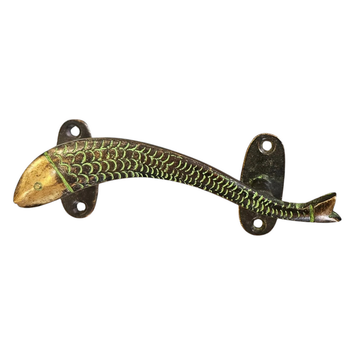 vintage style brass fish cabinet pull on a white background