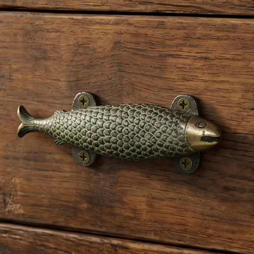 Brass fish-shaped handle with a green patina on a wooden drawer