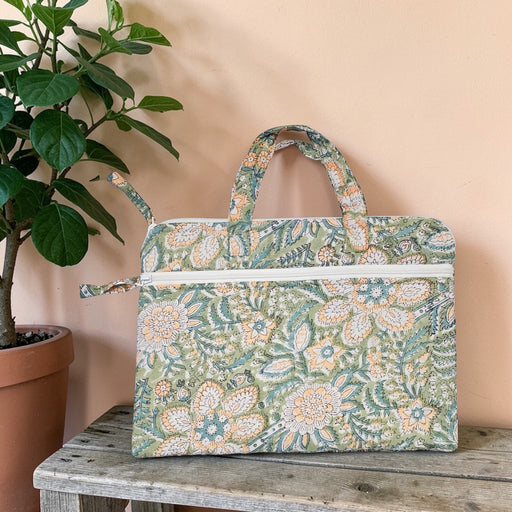Block Printed Laptop Bag | Yellow and Green Floral Design