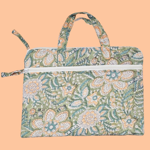 Block Printed Laptop Bag | Yellow and Green Floral Design