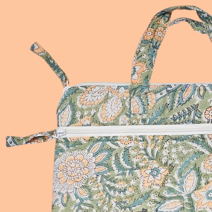 Block Printed Laptop Bag | Yellow and Green Floral Design