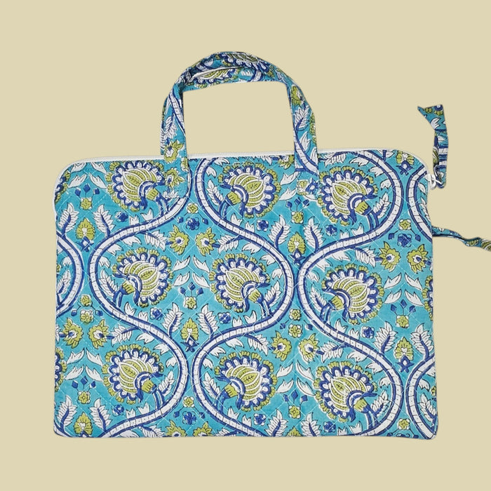 Block Printed Laptop Bag | Turquoise and Lime Floral Design