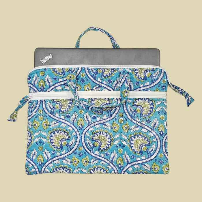 Block Printed Laptop Bag | Turquoise and Lime Floral Design