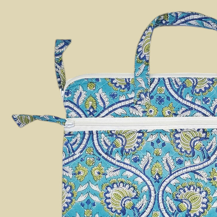 Block Printed Laptop Bag | Turquoise and Lime Floral Design