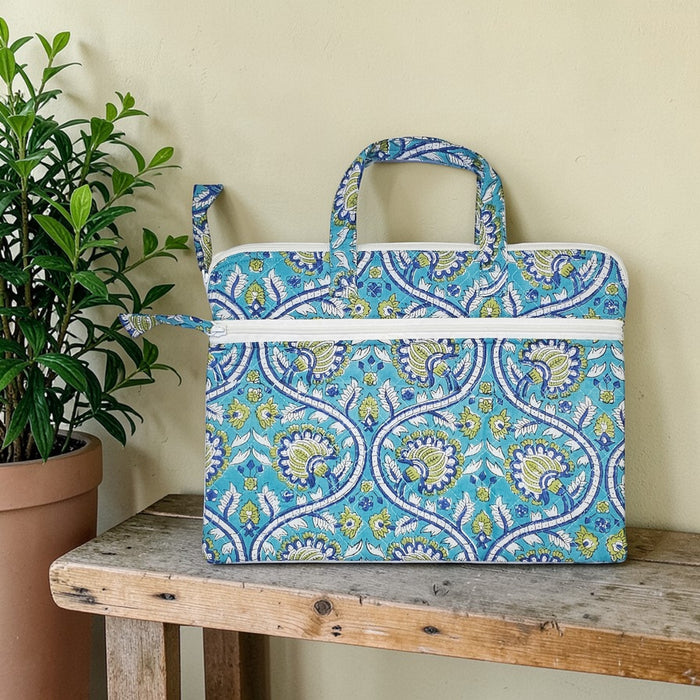 Block Printed Laptop Bag | Turquoise and Lime Floral Design