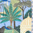 Close-up of the Peacock Temple quilted cotton tote bag, showing a tropical textile scene with palm trees, a peacock, and a domed temple on a soft blue background.