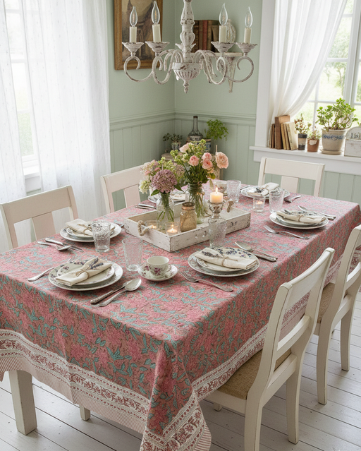 Pink Lily Block Print Tablecloth | 6-Seater