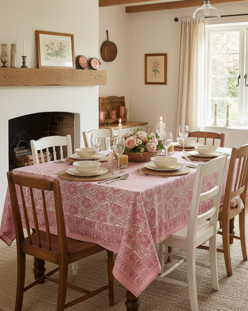 A six-seater wooden dining table in a rustic country cottage, covered in a pink and cream Sanganeri floral block-print tablecloth. The table is set with ivory ceramics, woven jute placemats, and crystal wine glasses. A floral centerpiece of roses sits in the middle, with a warm fireplace and a sunlit window in the background.