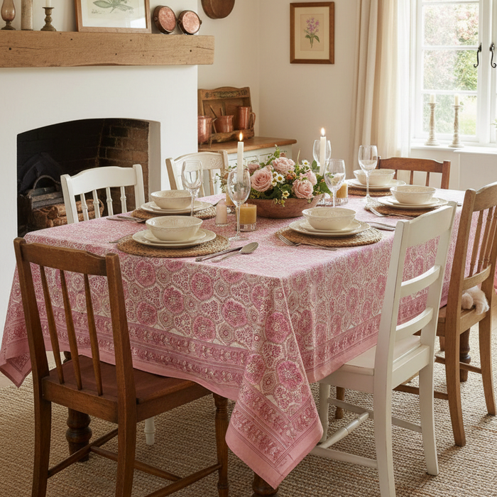 A six-seater wooden dining table in a rustic country cottage, covered in a pink and cream Sanganeri floral block-print tablecloth. The table is set with ivory ceramics, woven jute placemats, and crystal wine glasses. A floral centerpiece of roses sits in the middle, with a warm fireplace and a sunlit window in the background.