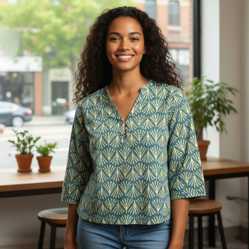 Dabu Print Cotton Top - Teal Fan