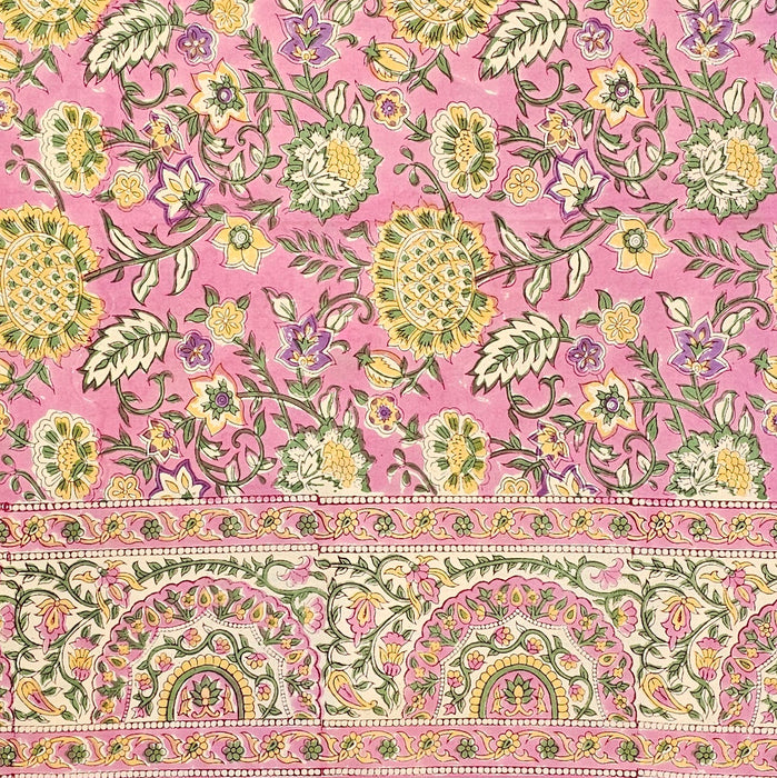 Hand Block Printed Cotton Tablecloth | Bubblegum Garden | 6-Seater