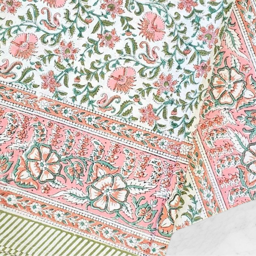 Tea Rose and Olive Green Block Print Tablecloth | 130 x 180 cm