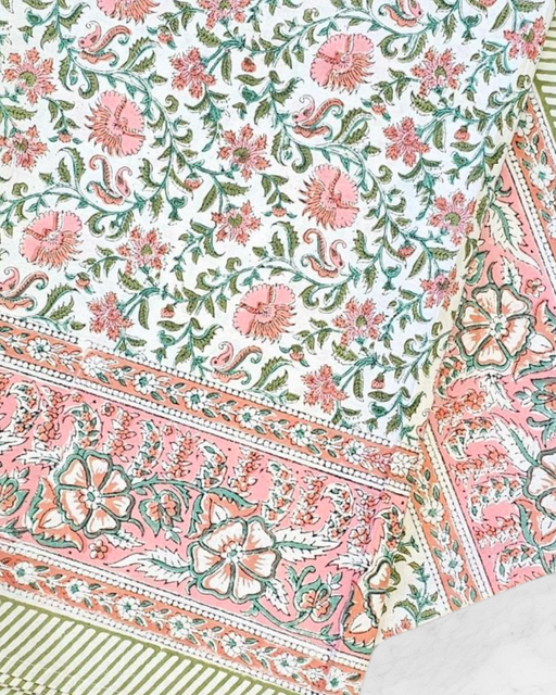 Tea Rose and Olive Green Block Print Tablecloth 130 x 180 cm