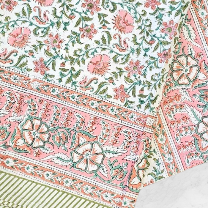 Tea Rose and Olive Green Block Print Tablecloth | 130 x 180 cm