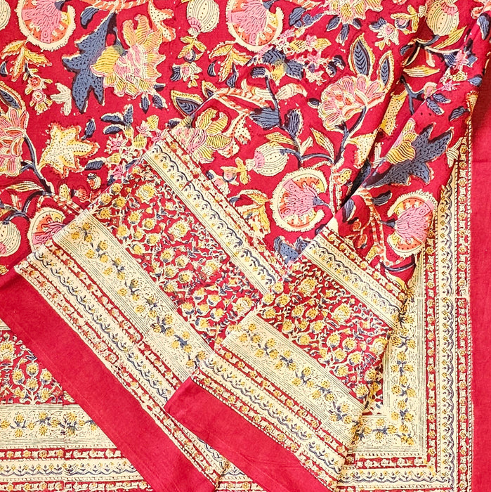 Hand Block Printed Cotton Tablecloth | Crimson Garden | 6-Seater