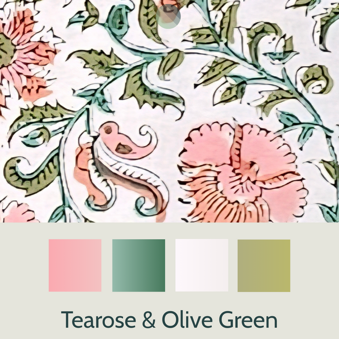 Tea Rose and Olive Green Block Print Tablecloth | 130 x 180 cm