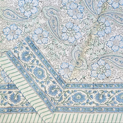 Opal & Cornflower Blue Block Print Tablecloth 130 x 180 cm