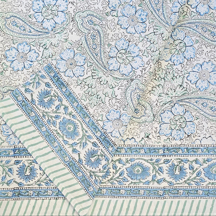 Opal & Cornflower Blue Block Print Tablecloth 130 x 180 cm