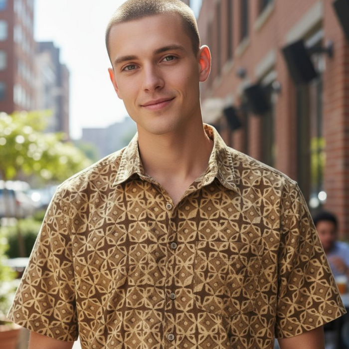 Dabu Print Short Sleeve Shirt - Café Linen Design