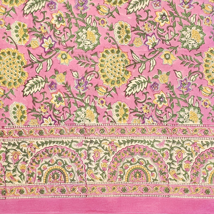 Hand Block Printed Cotton Tablecloth | Bubblegum Garden | 6-Seater