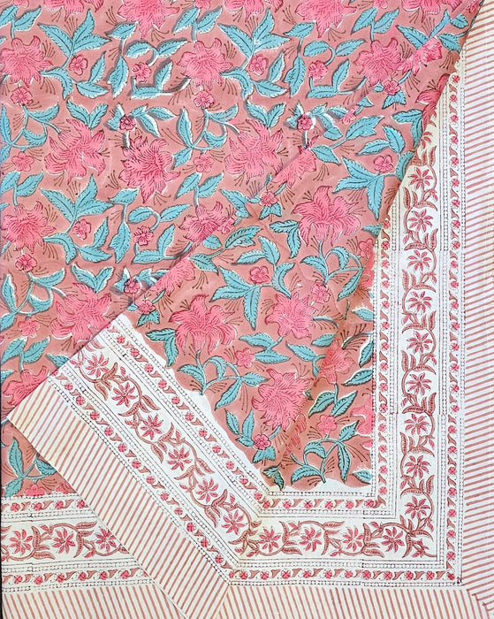 Pink Lily Block Print Tablecloth | 6-Seater