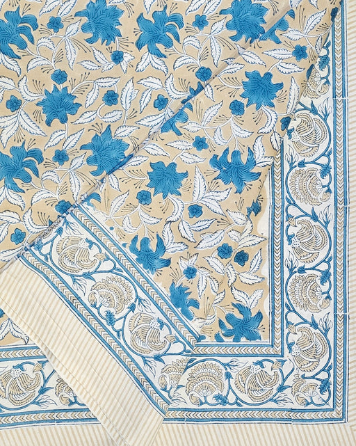 Blue Teal Lily Hand Block Print Tablecloth | 6-Seater 60x90 inch