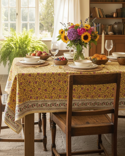 Saffron & Rose Hand Block Print Tablecloth | 6-Seater 60x90 inch