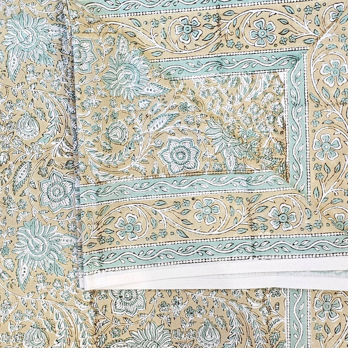 Teal and Jasmine Block Print Tablecloth 130 x 180 cm