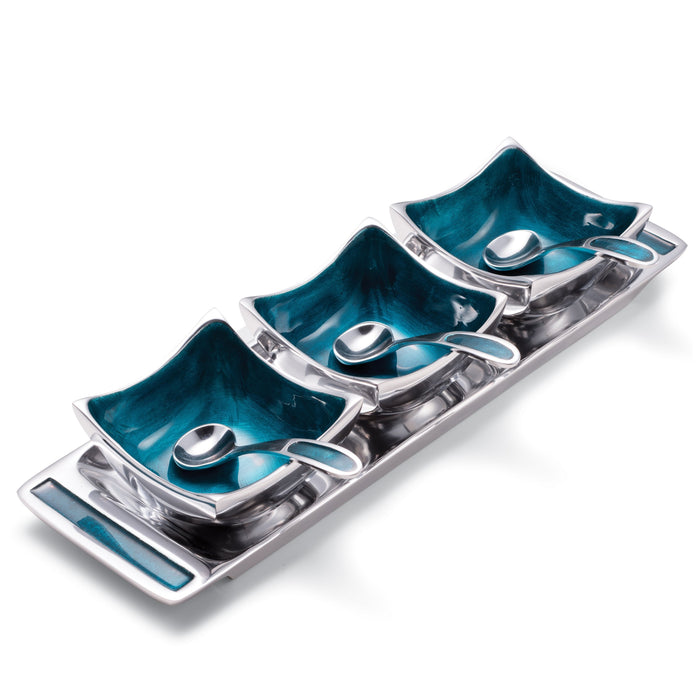 Turquoise Recycled Aluminium Dip Bowls on Tray