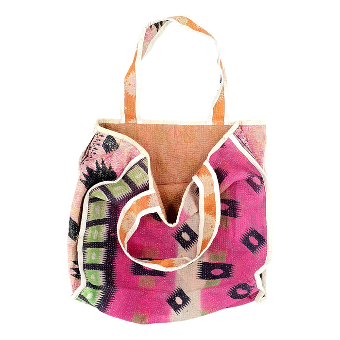 Reversible Tote Bag Made from a Vintage Hand Stitched Cotton Kantha Blanket