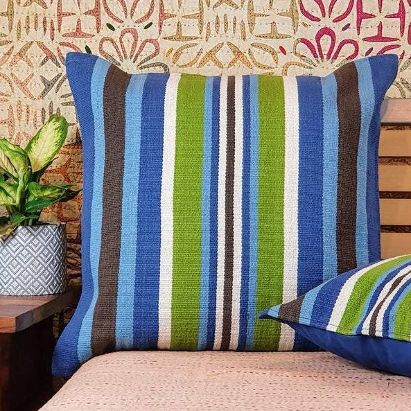 Handloom Floor Cushion Cover | 60 x 60 cm | Blue Multi Stripes