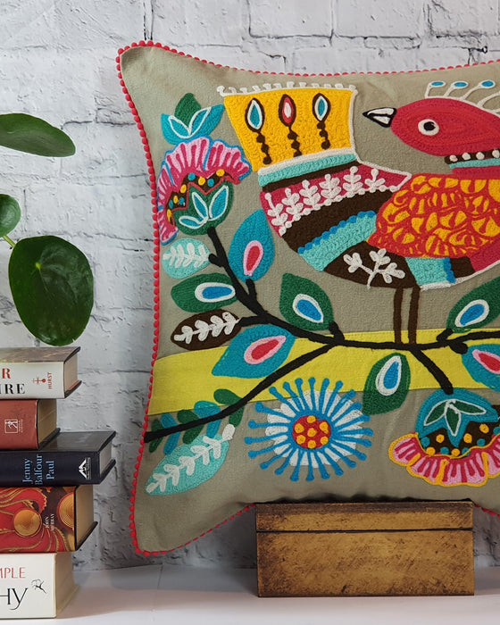 Embroidered Bird on a Branch Cushion Cover 45 x 45 cm