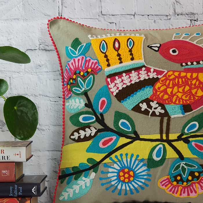 Embroidered Bird on a Branch Cushion Cover 45 x 45 cm