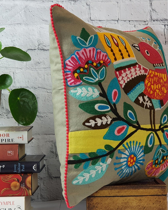 Embroidered Bird on a Branch Cushion Cover 45 x 45 cm