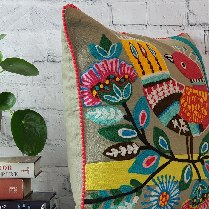 Embroidered Bird on a Branch Cushion Cover 45 x 45 cm