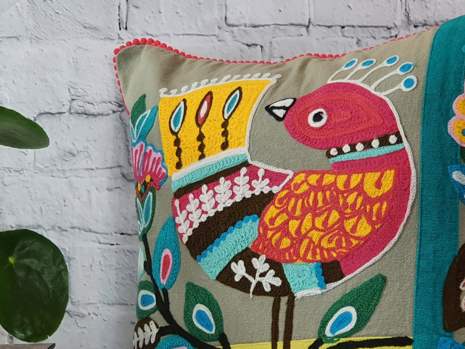 Embroidered Bird on a Branch Cushion Cover 45 x 45 cm