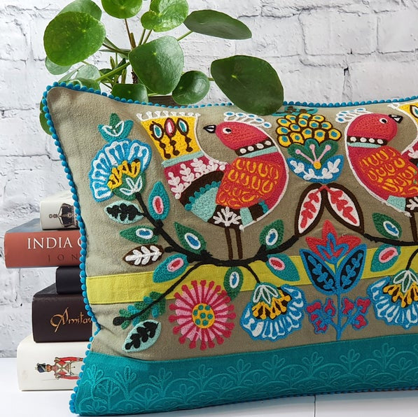 Embroidered Birds Cushion Cover | Throw Pillow | 35 x 50 cm