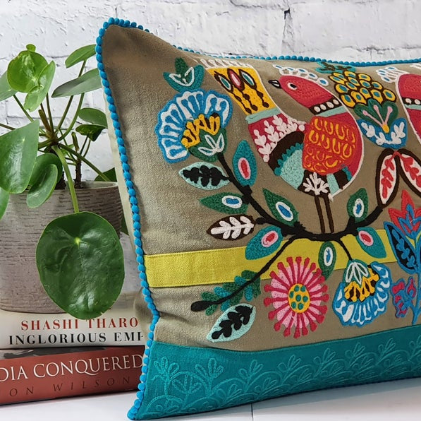 Embroidered Birds Cushion Cover | Throw Pillow | 35 x 50 cm