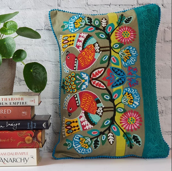 Embroidered Birds Cushion Cover | Throw Pillow | 35 x 50 cm